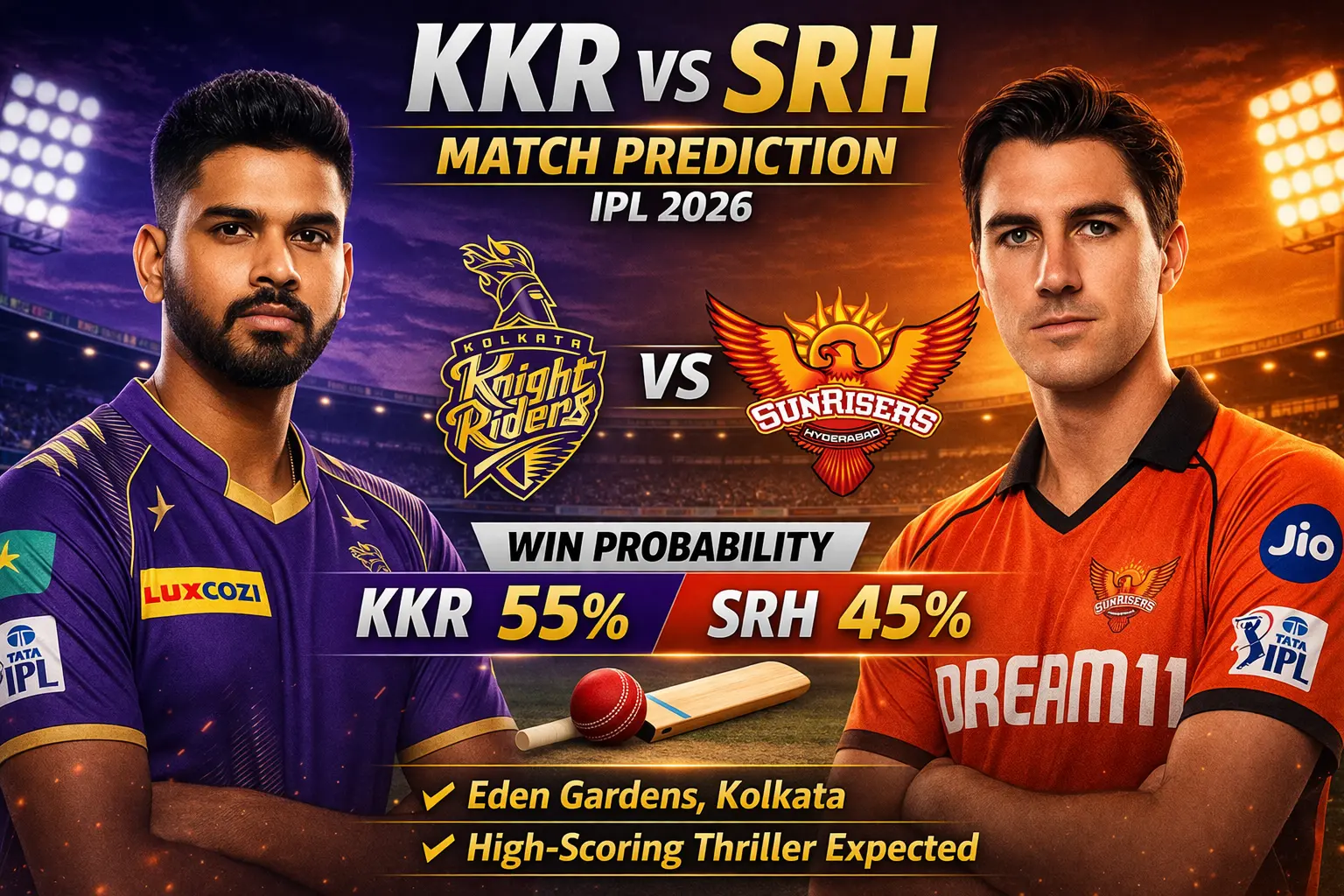 KKR vs SRH Match Prediction Today IPL 2026 – Playing 11, Pitch Report & Winning Chances